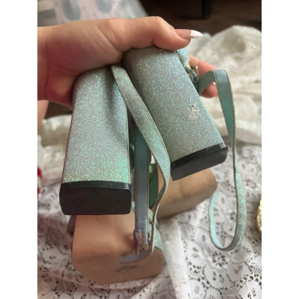 Ellemenno Sakura Vintage Light Blue Glitter Platform Block Heel Sandals‎ 8M